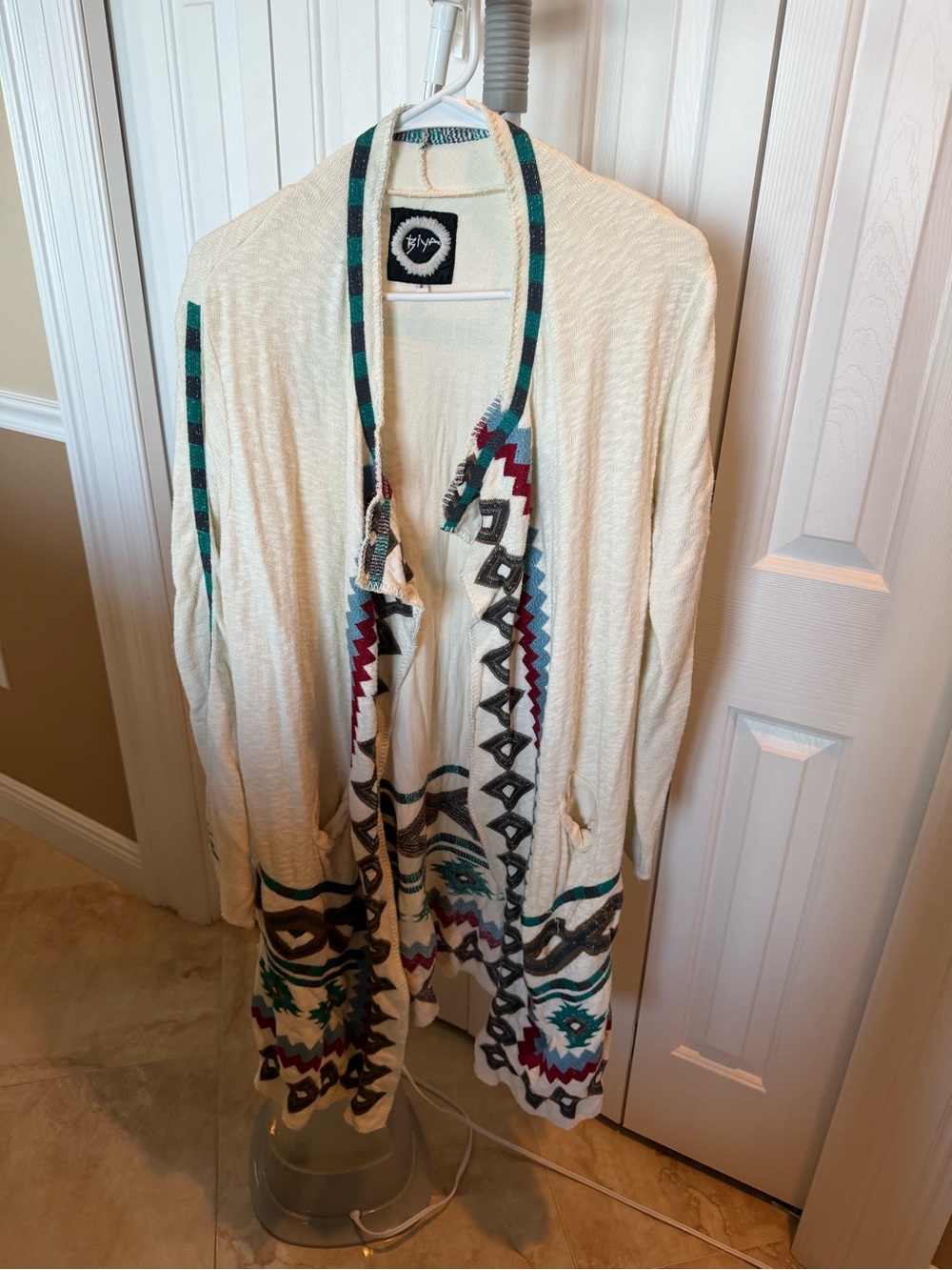 Johnny Was Cream Open-Front Cardigan with Teal and Burgundy Aztec Trim
